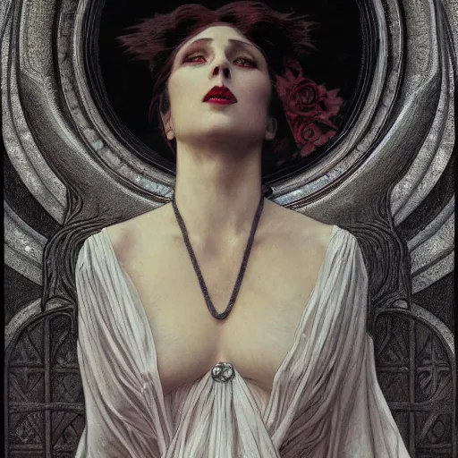 Image similar to portrait of a lady vampire, 35mm, 1920', depth of field, ominous, sharp, photorealistic, realistic, 8k, deviantart, donato giancola, irwin penn, Alphonse Mucha