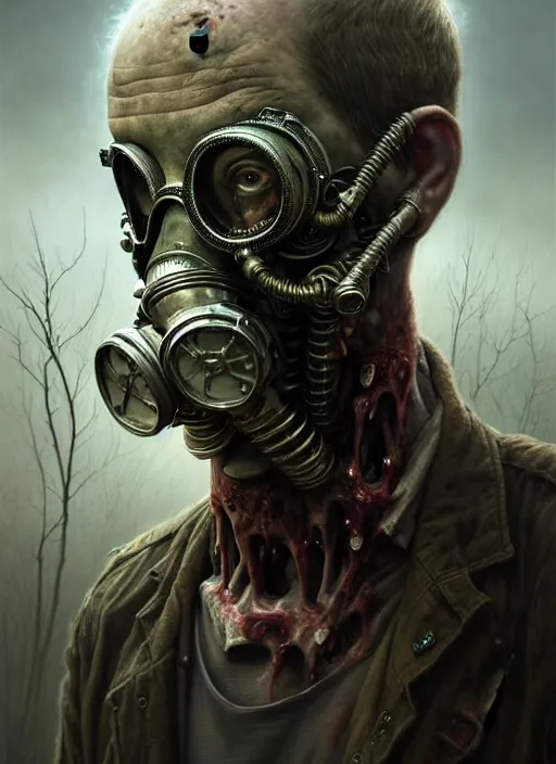 Prompt: portrait shot of zombie with gasmask in a scenic dystopian environment, intricate, elegant, highly detailed, centered, digital painting, artstation, concept art, smooth, sharp focus, illustration, artgerm, tomasz alen kopera, peter mohrbacher, donato giancola, joseph christian leyendecker, wlop, boris vallejo