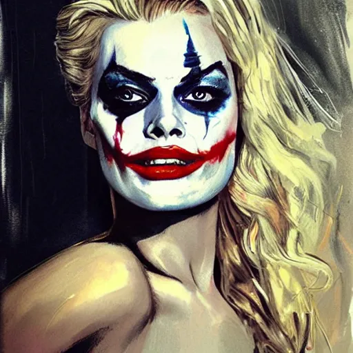 Prompt: portrait of margot robbie with light joker make up, artwork by guy denning and charlie bowater,