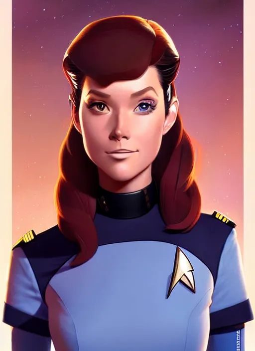 Image similar to cute star trek officer maraget rutherford, natural lighting, path traced, highly detailed, high quality, digital painting, by don bluth and ross tran and studio ghibli and alphonse mucha, artgerm