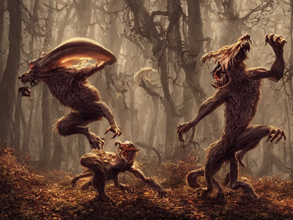 Image similar to Drunk mad mushroom-werewolf. Photorealistic, lifelike, Unreal Engine, sharp, detailed, 8K, by Gerald Brom, Dan Mumford, Stephan Martiniere