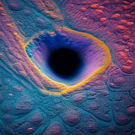 Image similar to An incredible matte photograph of an alien landscape taken from a satellite looking straight down, Nikon D5 Sigma 50–500mm lens, ambient occlusion, volumetric lighting, rtx ray tracing, unreal engine, psychedelic colors, by Vadim Sadovski artstation, Lighting by Charly Vanlaere artstation