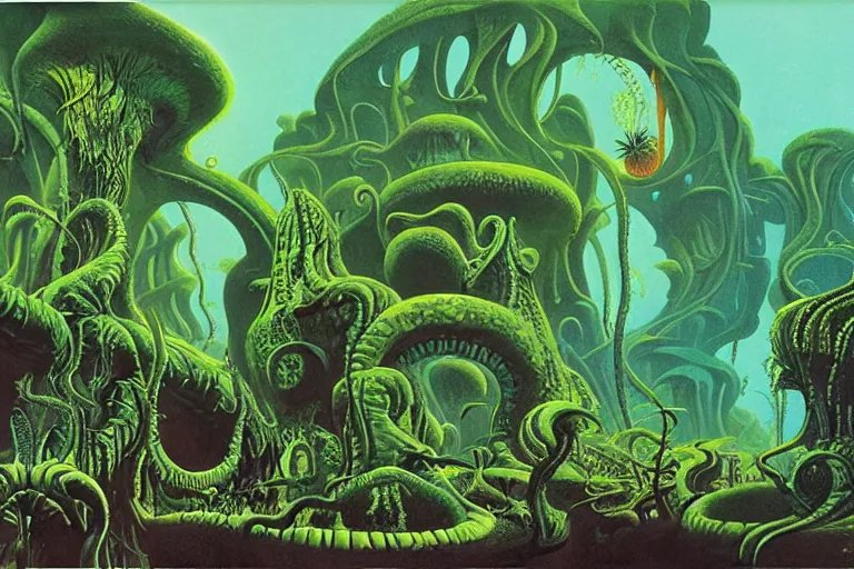 Prompt: lovecraftian jungles, another world by Roger Dean