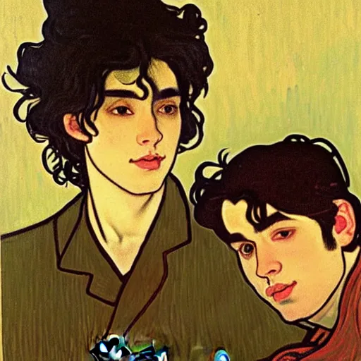 Image similar to painting of young cute handsome beautiful dark medium wavy hair man in his 2 0 s named shadow taehyung and cute handsome beautiful min - jun together at the halloween party, bubbling cauldron, candles, smoke, tarot, autumn colors, elegant, stylized, soft facial features, delicate facial features, art by alphonse mucha, vincent van gogh, egon schiele