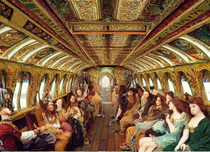 Image similar to incredibly beautiful breaktakingly detailed painting of the inside of the ornate underwater train to atlantis, various amazingly wonderful bizarre cool weird characters sat down, by ford maddox brown and william powell frith and frederic leighton, ultra wide angle, 4 k