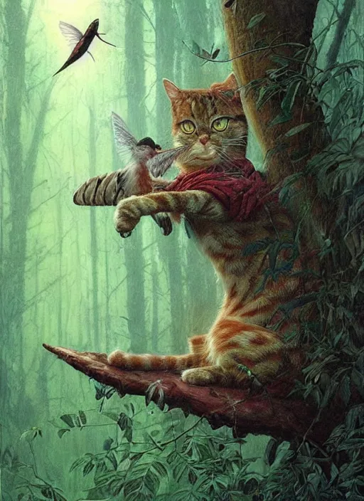 Image similar to a hyper realistic illustrated cat with playing with a hummingbird on its paw in the woods gorgeous lighting, lush forest foliage painting by chiara bautista and beksinski and norman rockwell and greg rutkowski weta studio, and lucasfilm