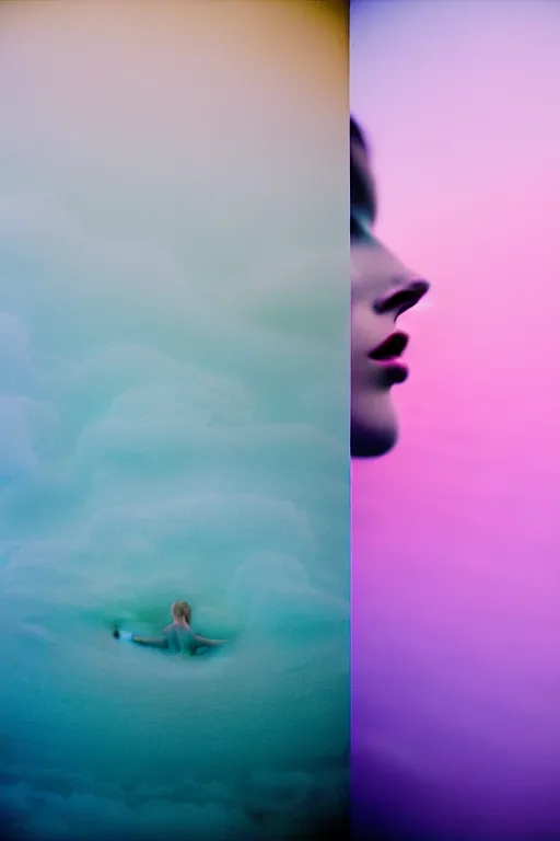 Image similar to high quality pastel coloured film close up wide angle photograph of a model wearing clothing swimming on cloud furniture in a icelandic black rock!! environment in a partially haze filled dreamstate world. three point light, rainbow. photographic production. art directed. pastel colours. volumetric clouds. pastel gradient overlay. waves glitch artefacts. extreme facial clarity. 8 k. filmic.