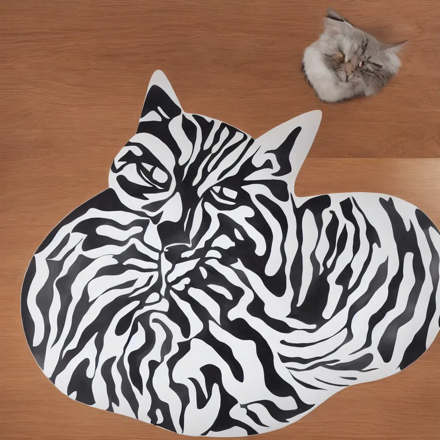 Prompt: beautiful gallery show studio photograph of a giant ceramic sculpture of a cat, glazed by bridget riley and victor vasarely, placed on a polished wooden table, hyperrealism 8 k trending on artstation