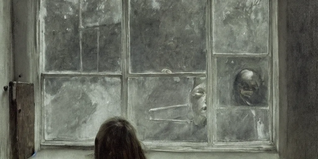 Image similar to the creepy person outside the window, a painting by Andrew Wyeth