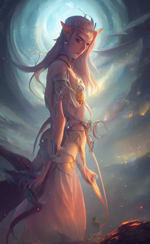 Image similar to a beautiful illustration of an elven nectomancer, scenic full shot, ambient lighting, by artgerm, makoto shinkai, wlop, rossdraws, featured on artstation, vertical orientation