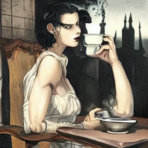 Image similar to nemesis from resident evil sits on a chair behind a coffee salt on a summer veranda and holds in his hand a small porcelain cup with tea from which steam comes out, in the stylization of romanticism paintings, detailed facial proportions