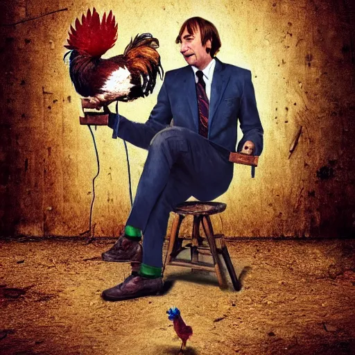 Image similar to saul goodman and a rooster in a saw movie torture chamber, horror movie background, saul goodman, rooster, photo