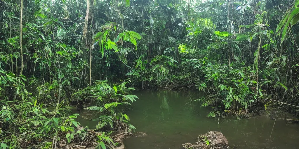 Image similar to yautja in sri lankan jungle, next to a river, extremely high fidelity