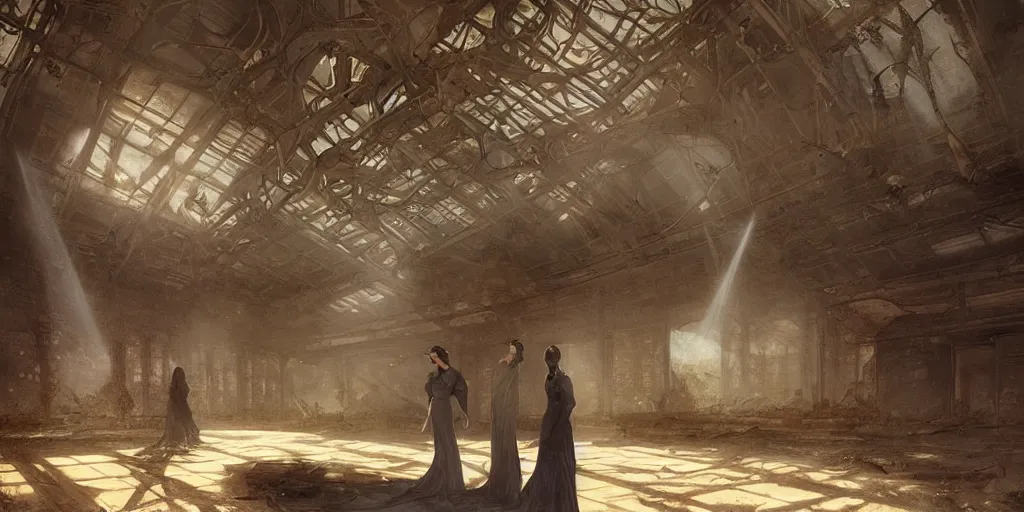 Prompt: “two figures enter abandoned derelict stadium, volumetric rays, wide angle, cinematic lighting, intricate, elegant, highly detailed, digital painting, artstation, sharp focus, illustration, art by artgerm and greg rutkowski and alphonse mucha and Wayne Barlowe and william-adolphe bouguereau ”