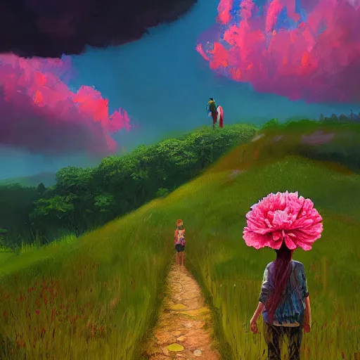 Image similar to giant carnation flower as a head, girl hiking in a lush valley, surreal photography, sunrise, dramatic light, impressionist painting, colorful clouds, digital painting, artstation, simon stalenhag