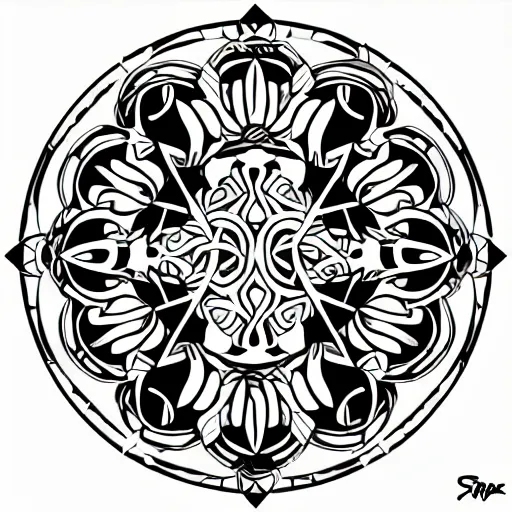 Prompt: a circular vector tattoo design. art nouveau, spiky, curvilinear, recursive.
