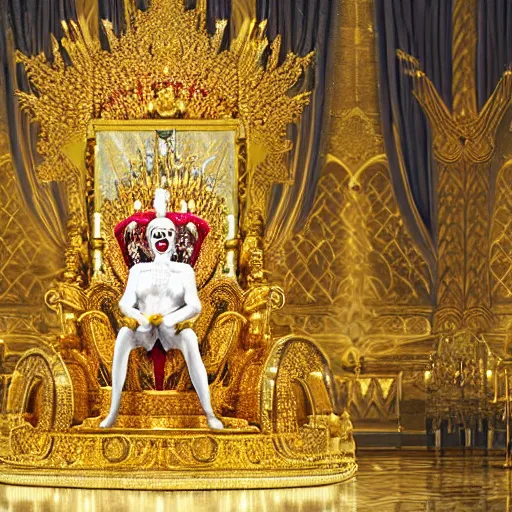 Image similar to shining majestic throne made of millions of diamonds, gold and zaphires with thousands of light reflections, and a clown is sitting on the throne