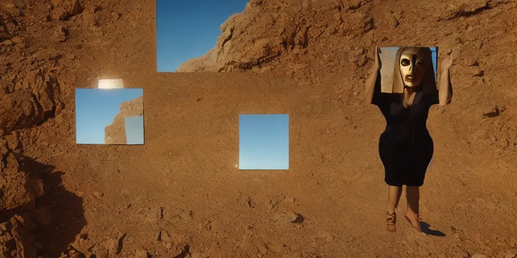 Image similar to levitating woman with full - face golden mask in a dry rocky desert landscape, visible sky and sunny atmosphere, fata morgana and giant square mirrors by alejandro jodorowsky, anamorphic lens, kodakchrome, practical effects, masterpiece, 8 k