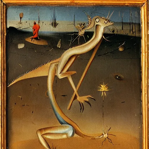 Image similar to A hieronymus bosch painting of a strange lizard wandering through a desert