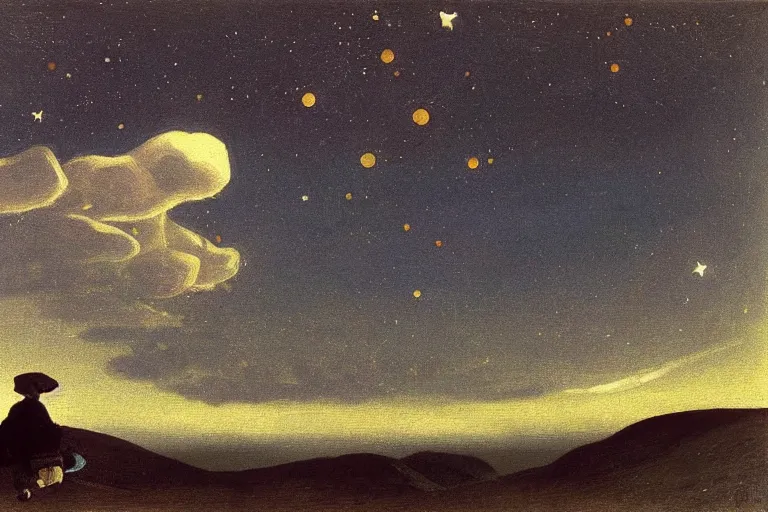 Prompt: night sky with clouds and stars, colorful, canvas, very detailed, oil painting, canvas, Theodor Kittelsen