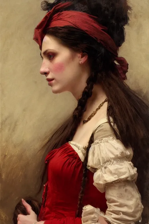 Image similar to Solomon Joseph Solomon and Richard Schmid and Jeremy Lipking victorian genre painting full length portrait painting of a young beautiful woman traditional german french pirate wench in fantasy costume, red background