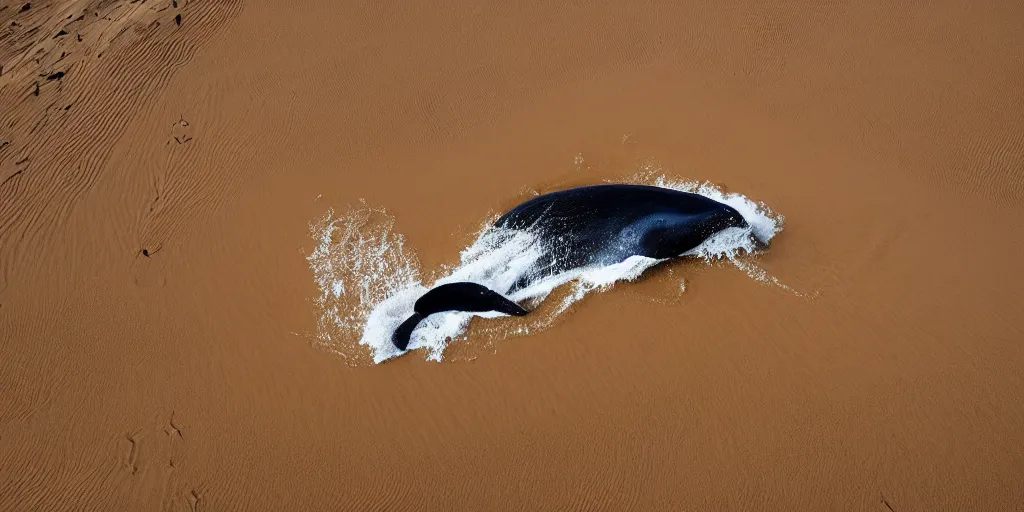 Prompt: giant whale swimming in sand dunes, photography