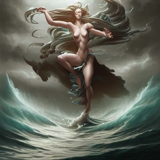 Image similar to portrait of a powerful goddess of water clothed in swirling water striding through a stormy sea, highly detailed matte fantasy painting, stormy lighting, by ross tran and artgerm and peter mohrbacher