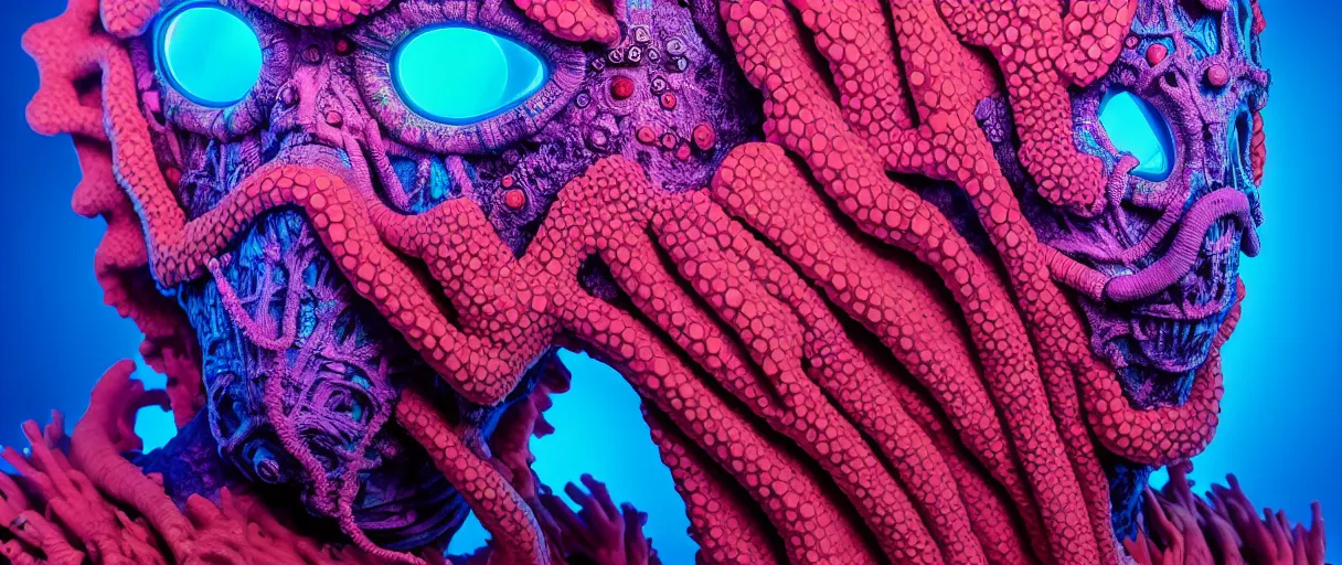 Image similar to hyperrealist highly detailed english medieval portrait of high fashion monster wearing uv light reef armor, radiating atomic neon corals, concept art pascal blanche dramatic studio lighting 8k wide angle shallow depth of field