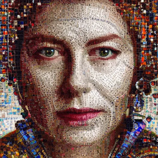 Prompt: mosaic portrait of a beautiful queen elizabeth with robot ears by Saimir Strati, 4k, intricate details, digital, water