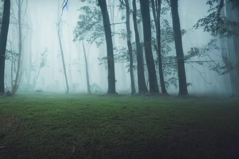 Prompt: studio photo of forest, cyberpunk city at background behind a fog, realistic