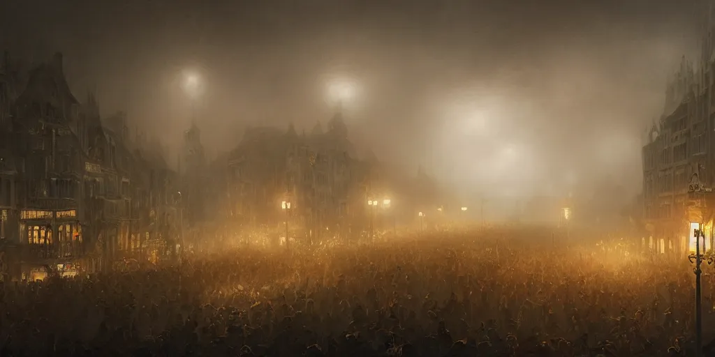 Prompt: a thick swirling fog during a parade, soft lighting, night, unreal engine, digital art, 8 k, oil painting, fantasy art, illustration, detailed and intricate environment