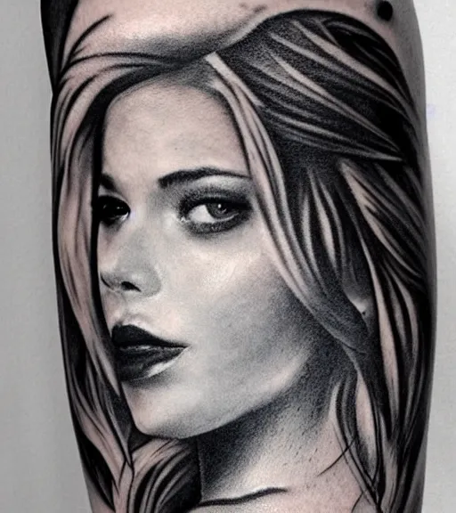 Image similar to tattoo design sketch of a beautiful girl with a faded mountain background, in the style of den yakovlev, black and white, realism tattoo, hyper realistic, highly detailed