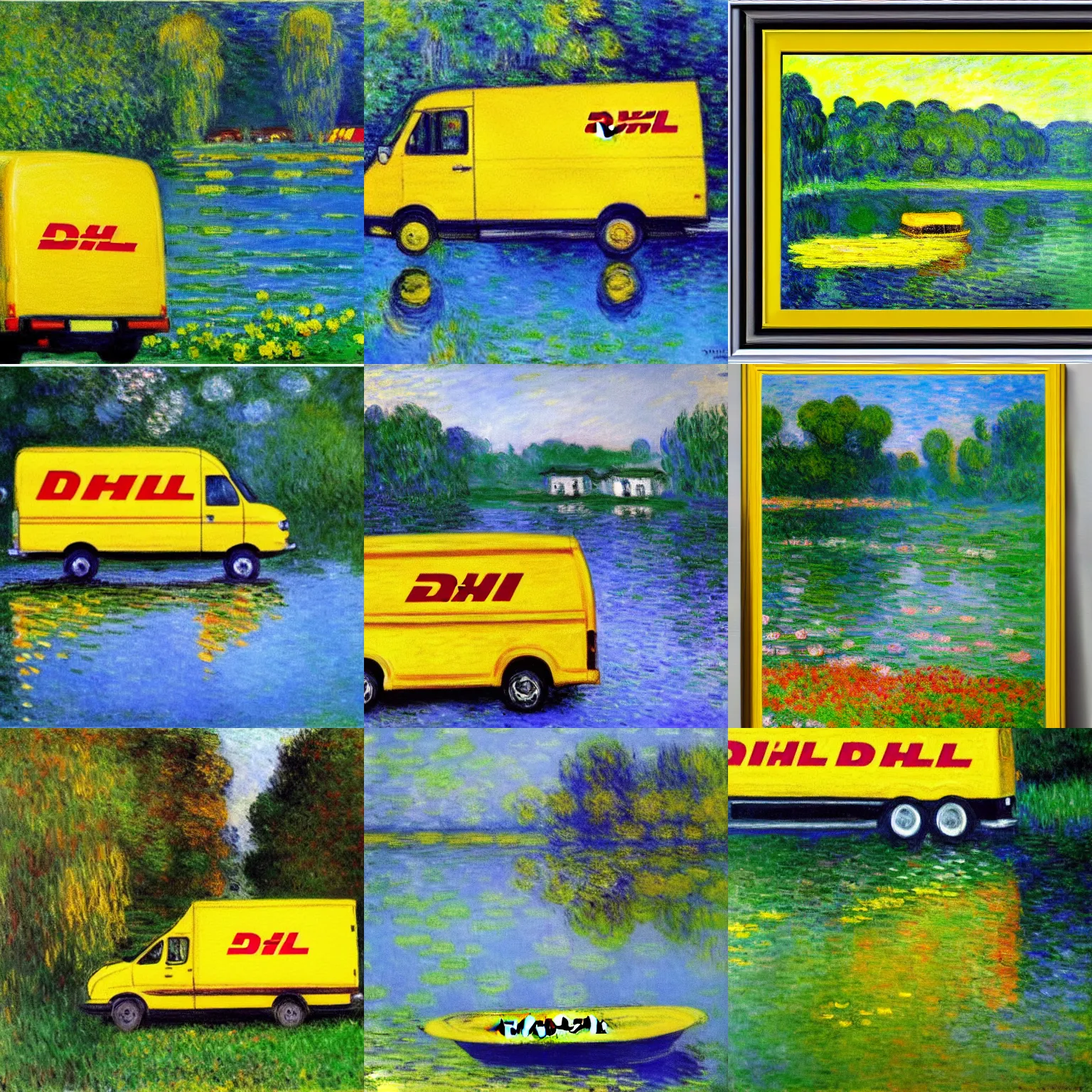 Image similar to DHL yellow DHL van and the lake, painting by Monet