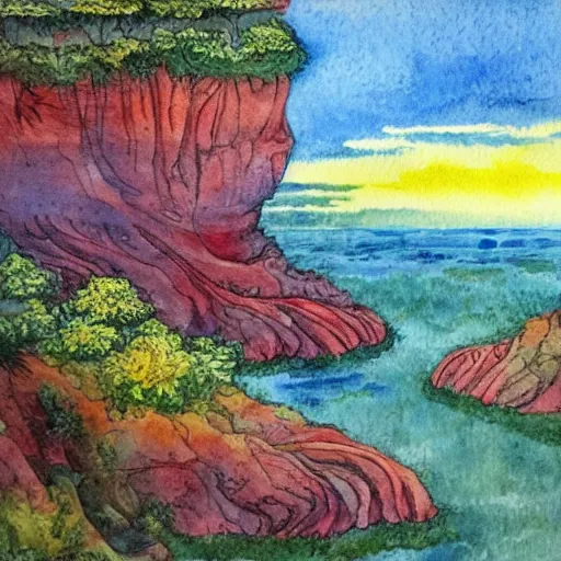 Image similar to detailed watercolor of a lush natural scene on an alien planet by stephen quiller. beautiful landscape. weird colourful vegetation. cliffs and water.