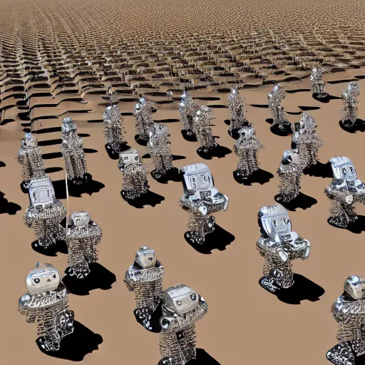 Image similar to army of army of metallic robots in desert, raytracing, 5 5 mm