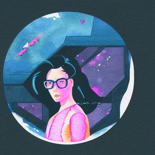 Prompt: an isometric watercolor illustration of a girl with an old printer in space, flat synthwave art style