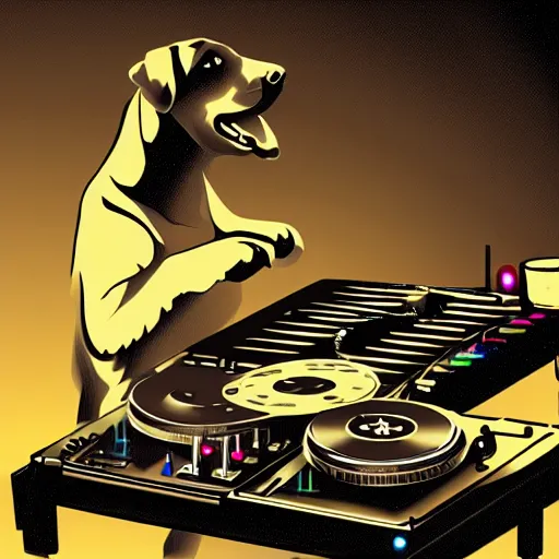 Prompt: a DJ golden Retriever playing at a nightclub, illustration