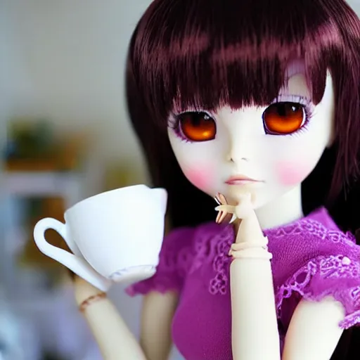 Image similar to delightfully beautiful anime style doll drinking tea