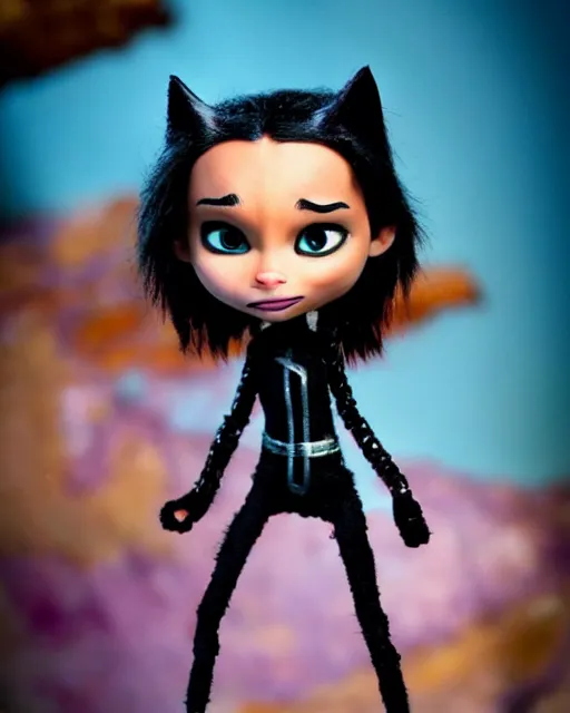 Prompt: zoe kravitz ’ s cat woman as a highly detailed stop motion puppet, in the style of laika studios ’ s paranorman, coraline, kubo and the two strings shot in the style