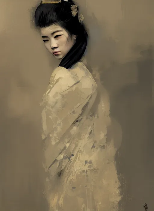 Image similar to female geisha girl, beautiful face, rule of thirds, intricate outfit, spotlight, by greg rutkowski, by jeremy mann