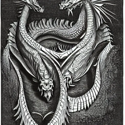 Prompt: woodcut of a vintage photo of a fractal dragon by escher, by piranesi