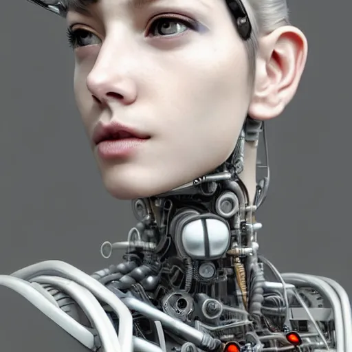 Image similar to Perfectly-Centered Half-body-Portrait of a Mechanical Cyberpunk Female Android, intricate, elegant, super highly detailed, professional digital painting, artstation, concept art, smooth, sharp focus, no blur, no dof, extreme illustration, Unreal Engine 5, Photorealism, HD quality, 8k resolution, cinema 4d, 3D, beautiful, cinematic, art by artgerm and greg rutkowski and alphonse mucha and loish and WLOP