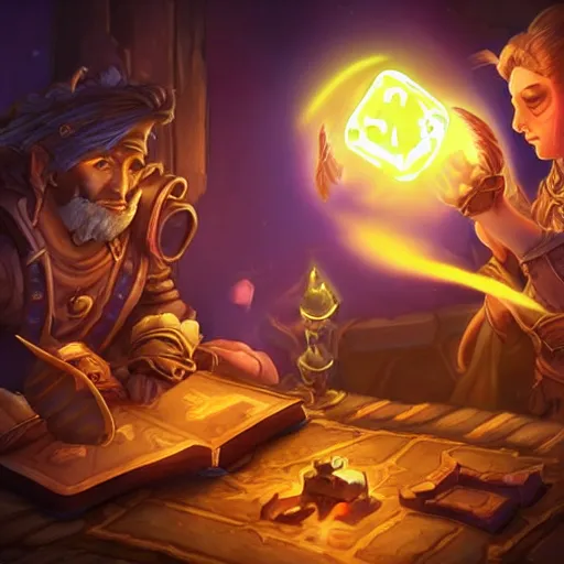 Image similar to glowing magic scroll floating on the table, magic smoke trails on the magical pen, epic fantasy style, in the style of hearthstone artwork