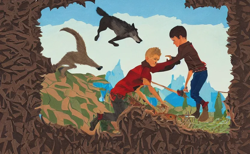 Image similar to a boy fighting a wolf on the edge of a clocktower, by taylor barron, gouache, print