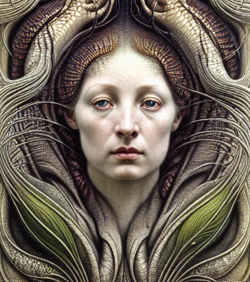 Image similar to detailed realistic beautiful reptile goddess face portrait by jean delville, gustave dore, iris van herpen and marco mazzoni, art forms of nature by ernst haeckel, art nouveau, symbolist, visionary, gothic, neo - gothic, pre - raphaelite, fractal lace, intricate alien botanicals, ai biodiversity, surreality, hyperdetailed ultrasharp octane render