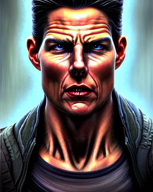 Image similar to front shot of a tom cruise cyberpunk criminal mastermind character, intricate, elegant, highly detailed, centered, (((artstation, concept art, smooth, sharp focus, artgerm, Tomasz Alen Kopera, Peter Mohrbacher, donato giancola, Joseph Christian Leyendecker, WLOP, Boris Vallejo))), mugshot!!!!!, ugly!!!!!!, octane render, nvidia raytracing demo, grainy, muted