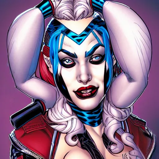 Image similar to Harley Quinn, comic portrait by J Scott Campbell, intricate details