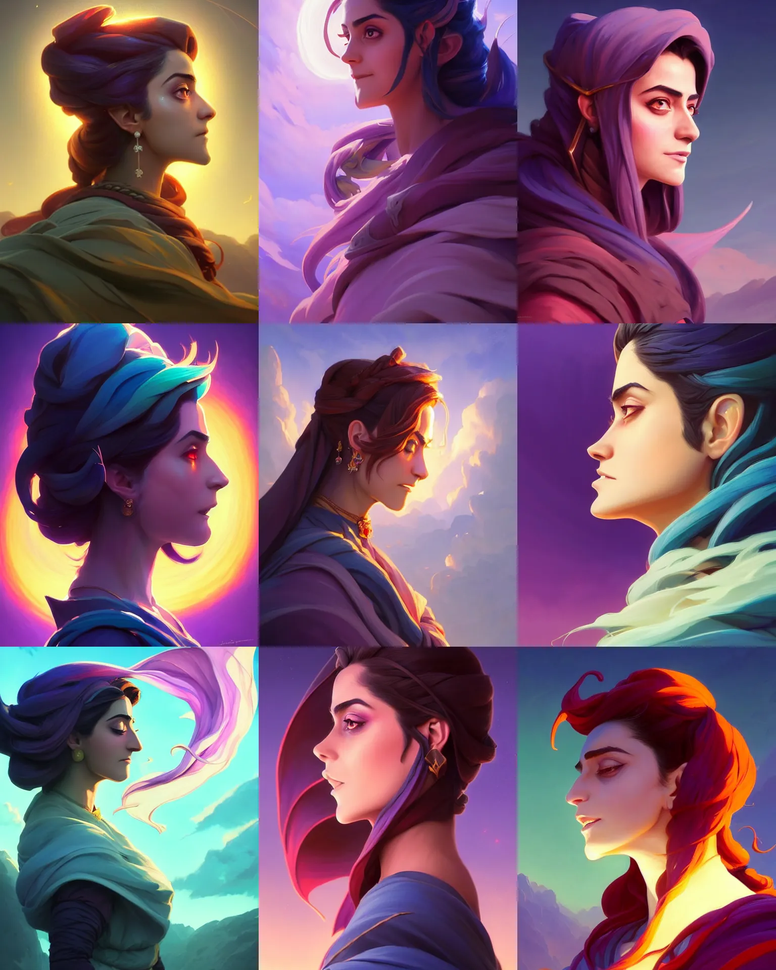 Prompt: side profile centered painted portrait, Maya Ali as a Arcane wind mage, D&D, cell-shaded, matte painting concept art, beautifully backlit, official fanart, 4k, HDR, Trending on artstation, Behance, Art Nouveau, chromatic colours, by Jesper Ejsing and RHADS and Makoto Shinkai and Lois van baarle and ilya kuvshinov and rossdraws and Cushart Krentz and Gilleard James