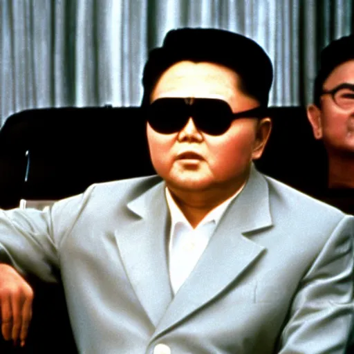 Prompt: Kim Jong-il as James Bond, 35mm, cinémascope, thriller