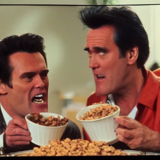 Image similar to a cinematic shot of Jim Carrey & Bruce Campbell eating from a bowl of cereal, cinematic, film grain, 8k